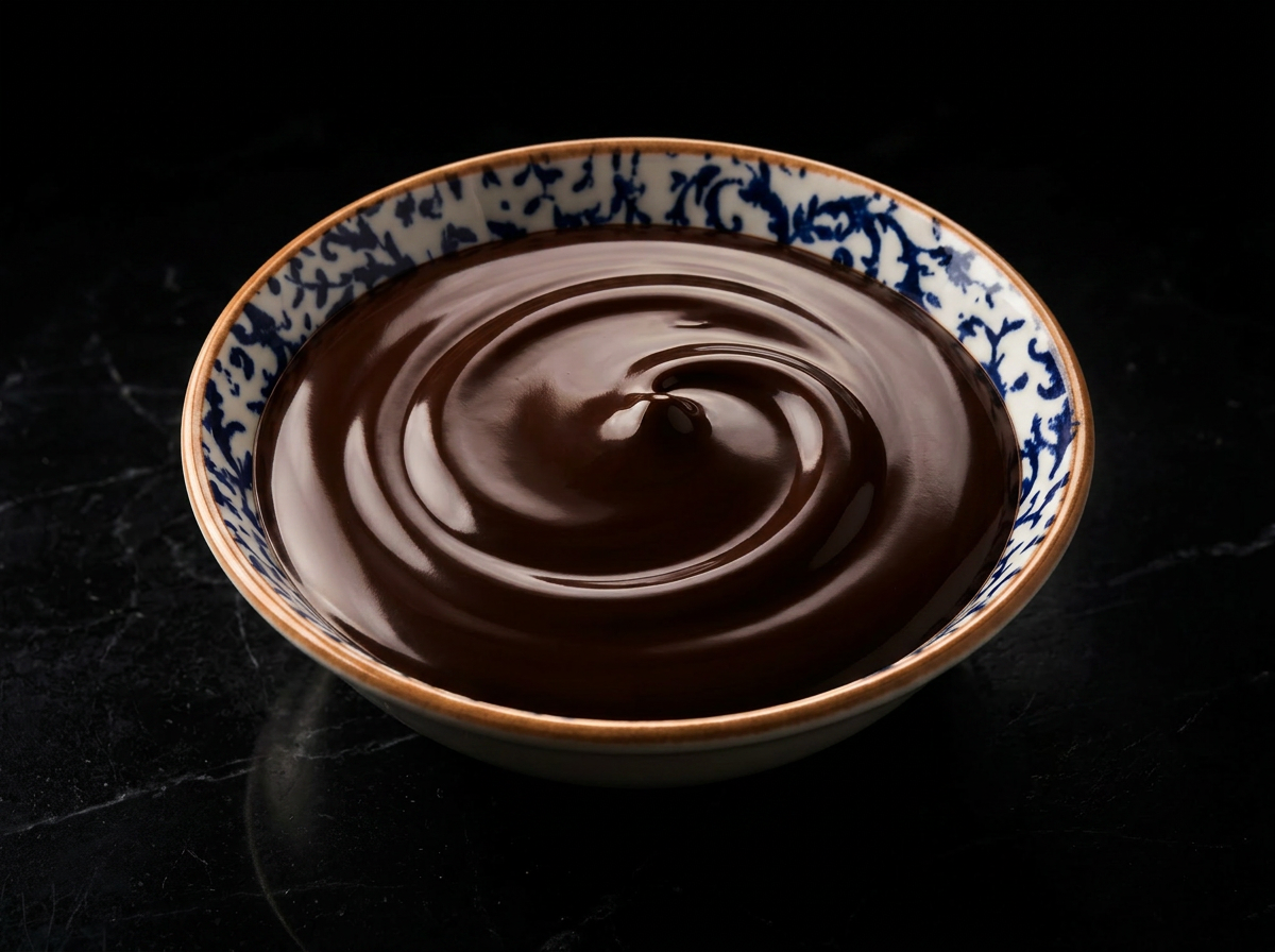 Ganache de chocolate oscuro en cuenco artesanal griego