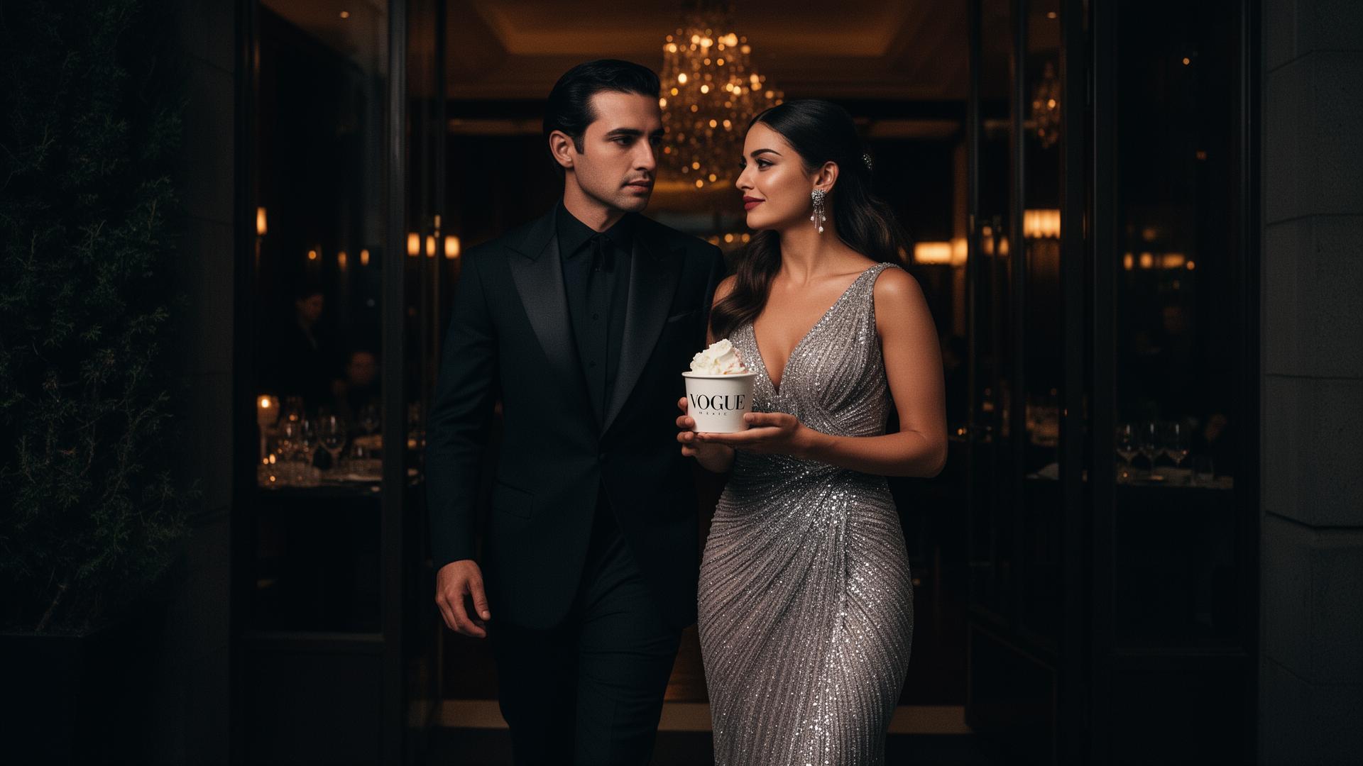 Pareja saliendo de un restaurante de lujo en Polanco, CDMX, de noche